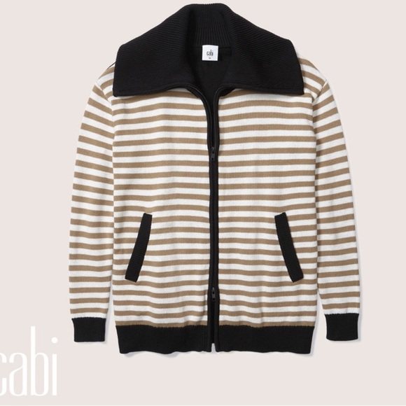 Cabi Mascot Zip Cardigan Brown & White Stripes with Black Trim & Collar - Picture 1 of 5